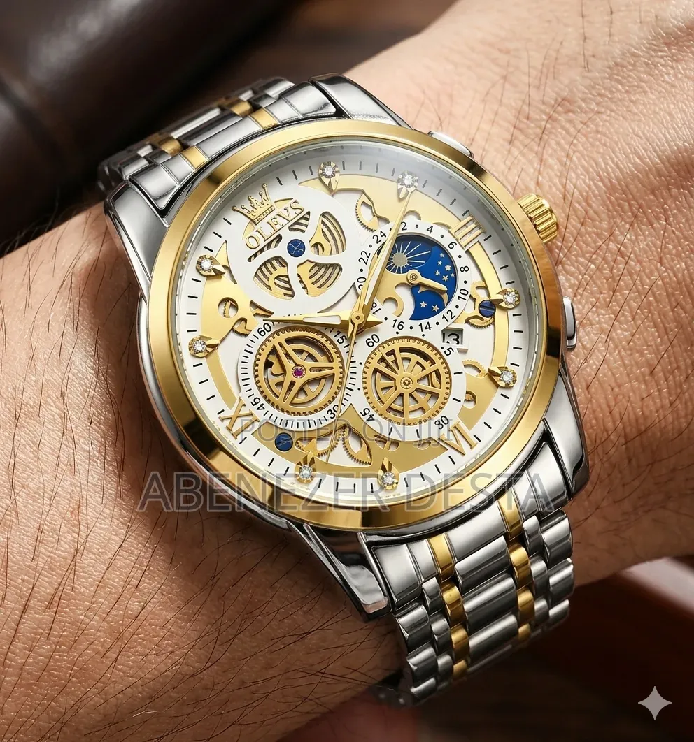 Olevs Men's Automatic Skeleton Wristwatch, Featuring a Two-Tone Stainl