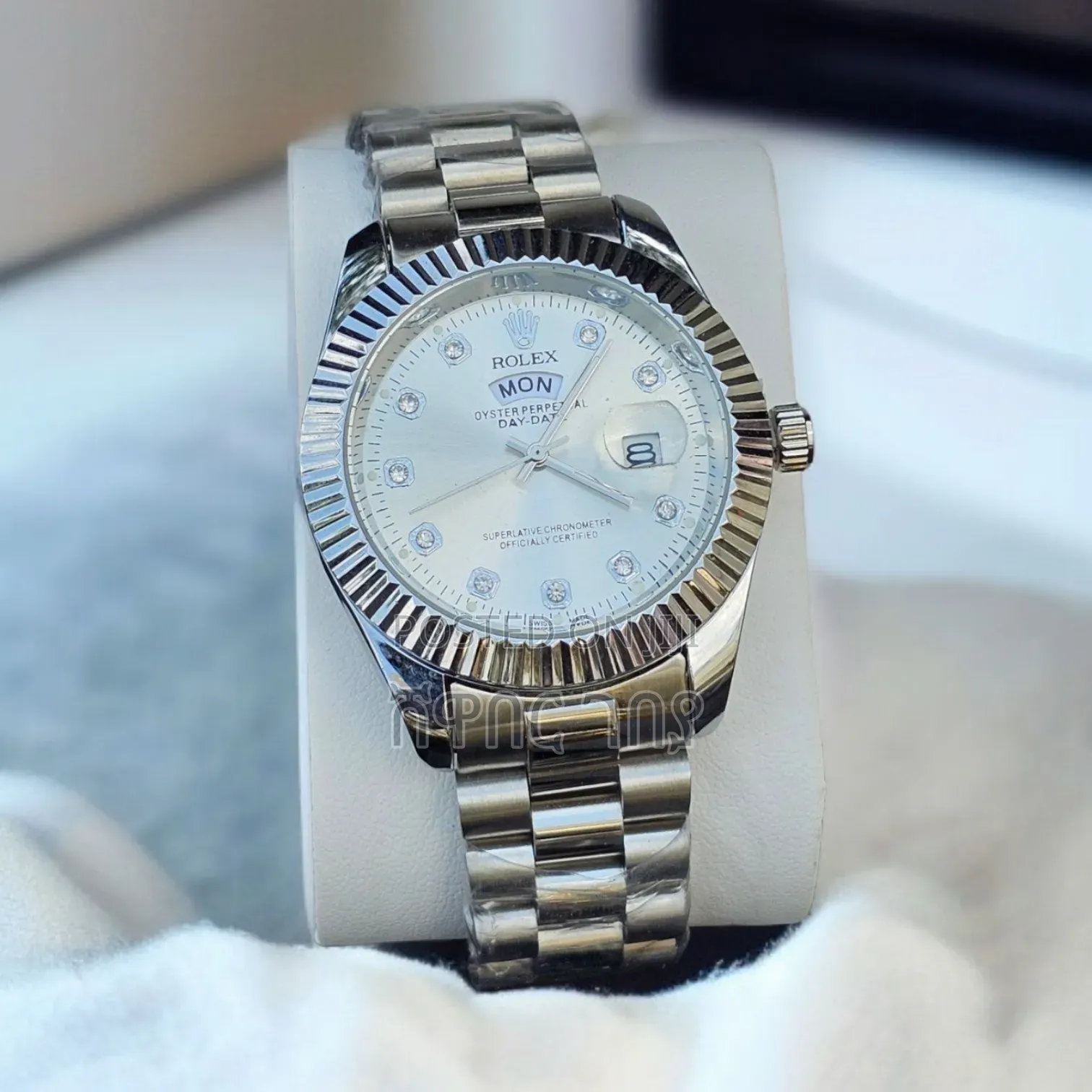 Luxury Rolex Day-Date Silver Diamond Dial Men's Wristwatch