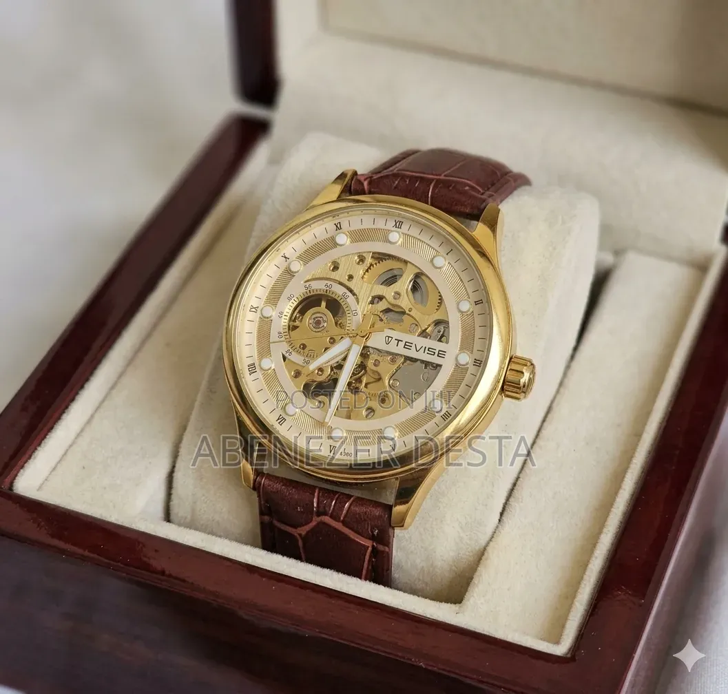 Gold-Tone Tevise Automatic Mechanical Skeleton Watch With a Brown
