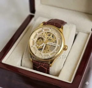 Gold-Tone Tevise Automatic Mechanical Skeleton Watch With a Brown