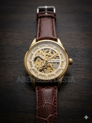 Gold-Tone Tevise Automatic Mechanical Skeleton Watch With a Brown