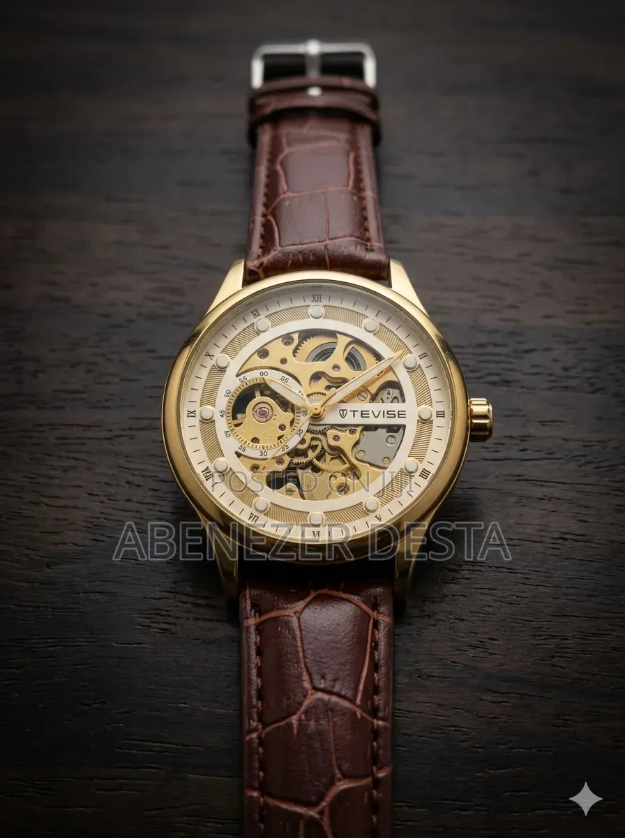 Gold-Tone Tevise Automatic Mechanical Skeleton Watch With a Brown