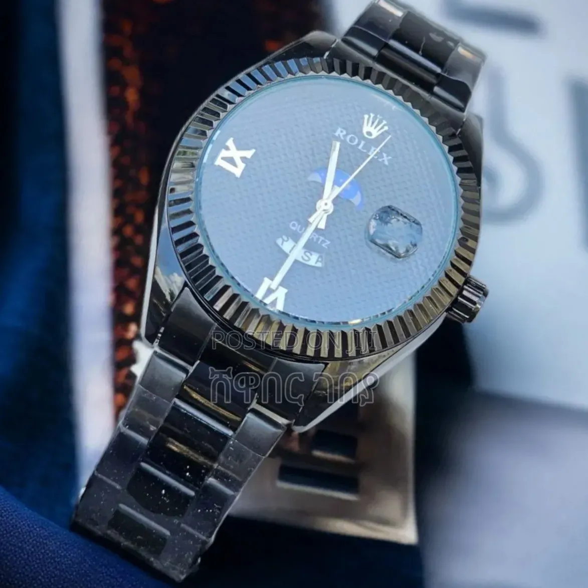 Luxury Rolex Style Black Quartz Watch With Moonphase Display