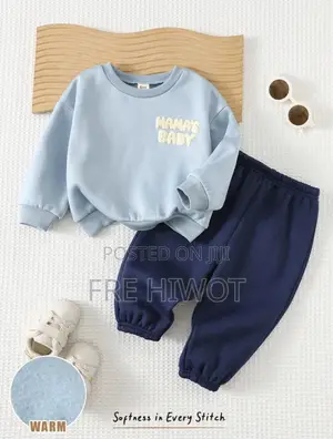 2pcs/Set Baby Boys Thermal Lined Knit Sweatshirt Jogger Pants Set