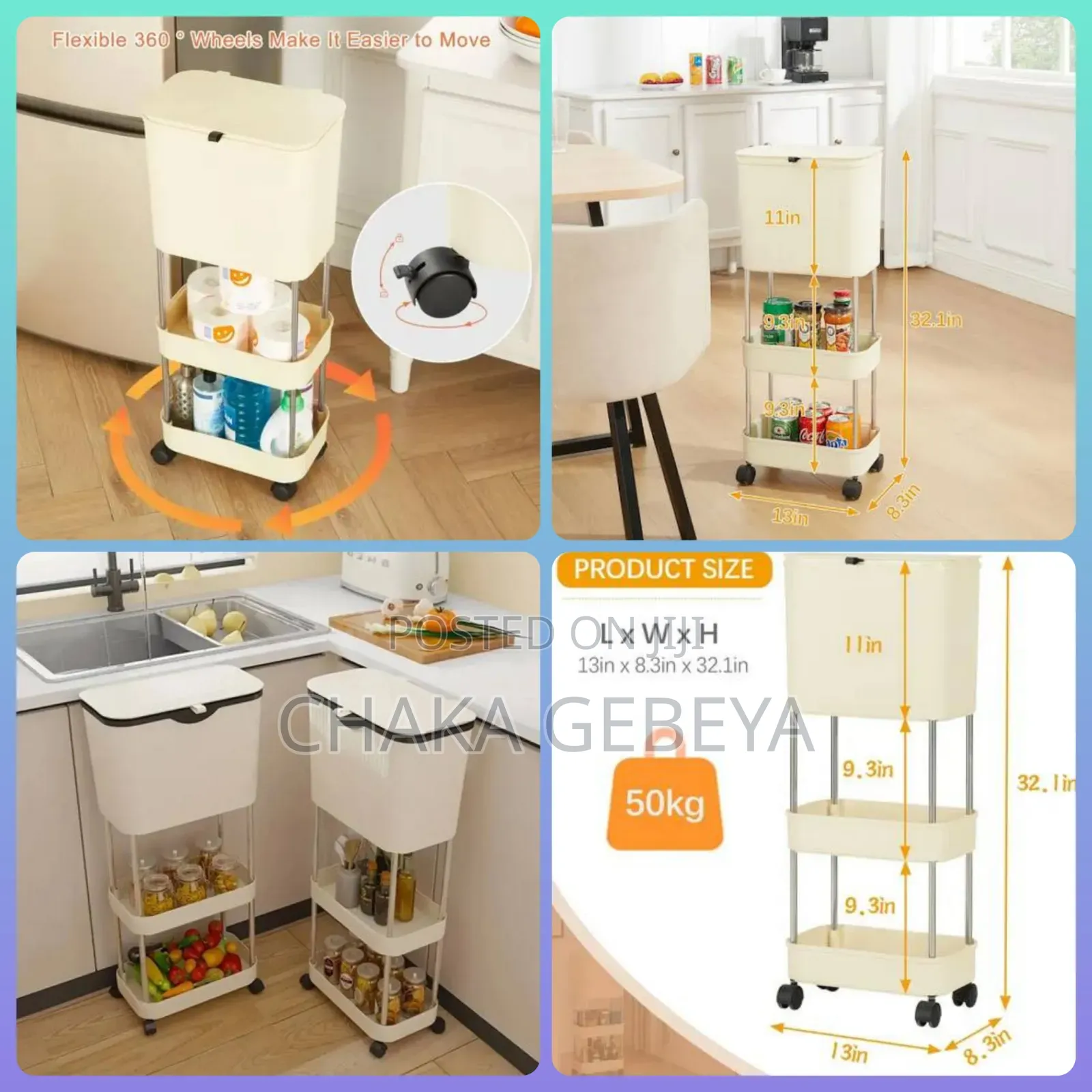 Non-bending Trash Can Rack-2 Storage Shelves, Wheels,No More Bending
