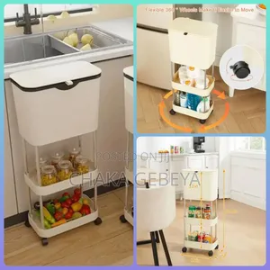Mobile Kitchen Storage Cart With Trash Can Holder - Space-saving