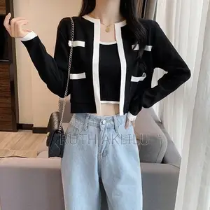 Women's Korean Style Knit Cardigan Tank Top Set