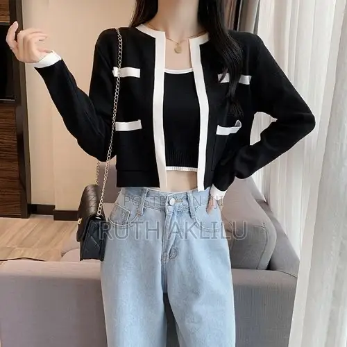 Women's Korean Style Knit Cardigan Tank Top Set