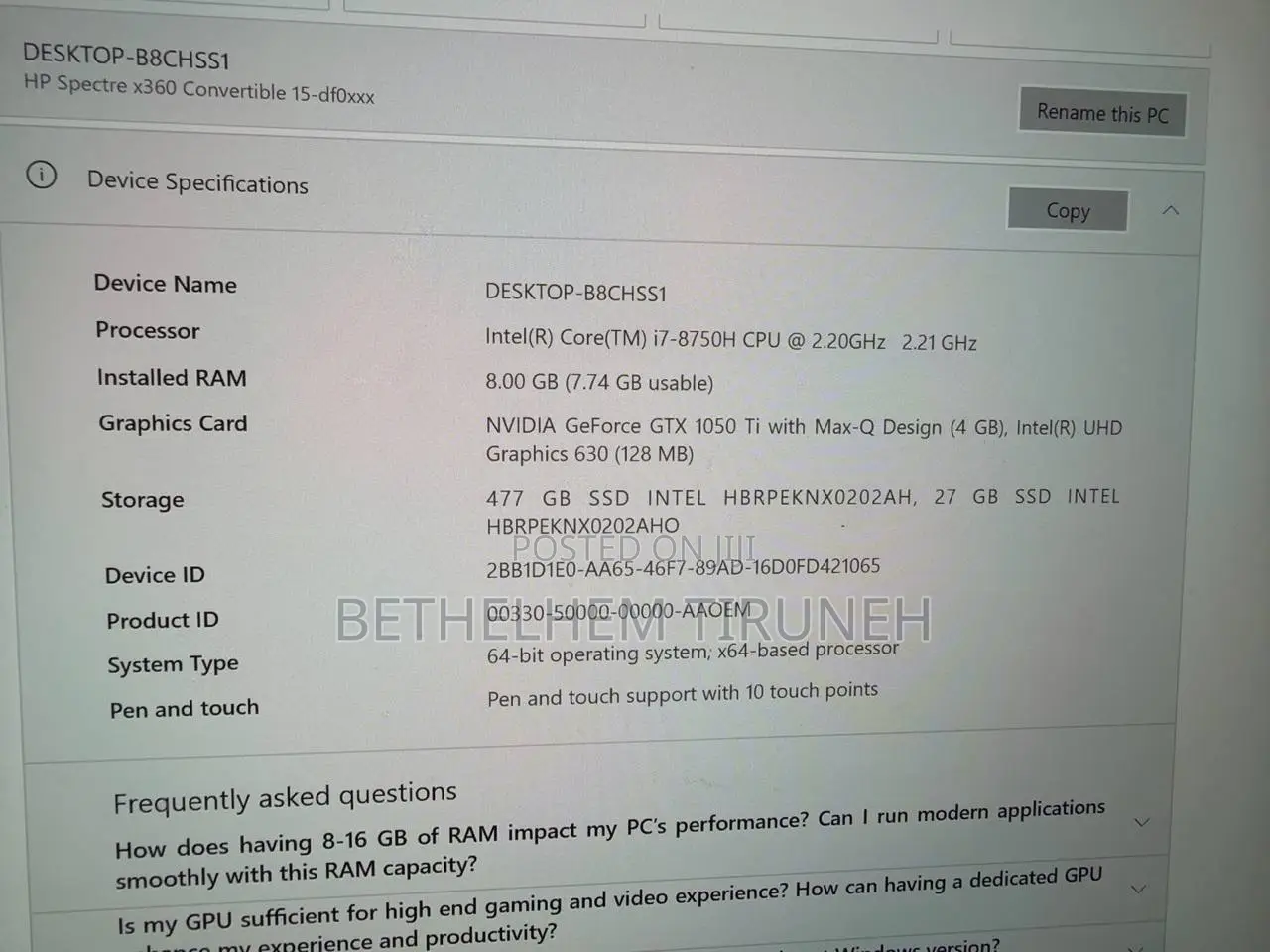 Laptop HP Spectre X360 15 8GB Intel Core i7 SSD 500GB