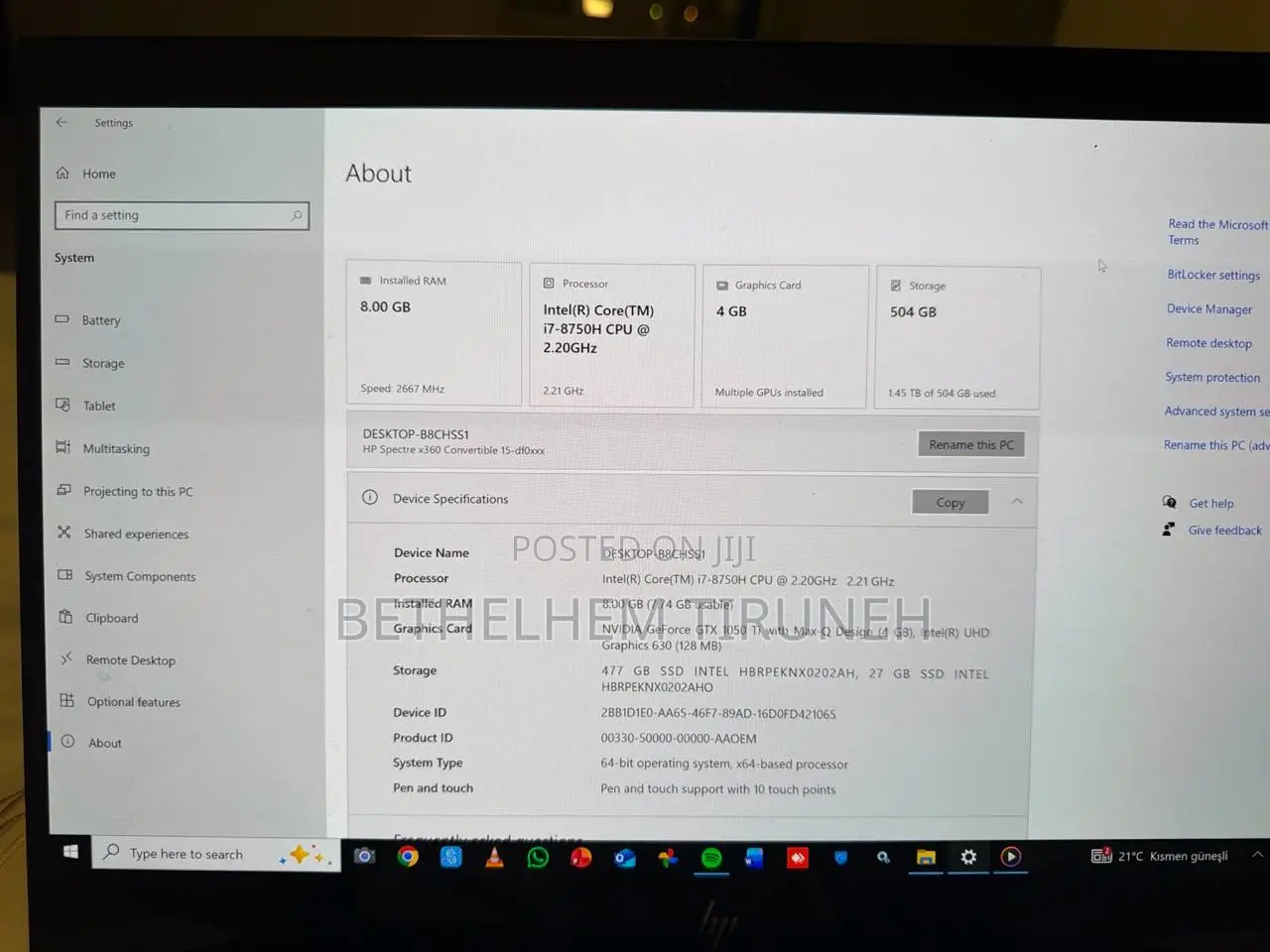 Laptop HP Spectre X360 15 8GB Intel Core i7 SSD 500GB