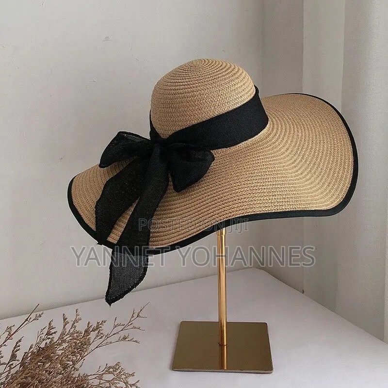Women’S Wide Brim Straw Sun Hat With Black Ribbon Bow Beach Summer Hat