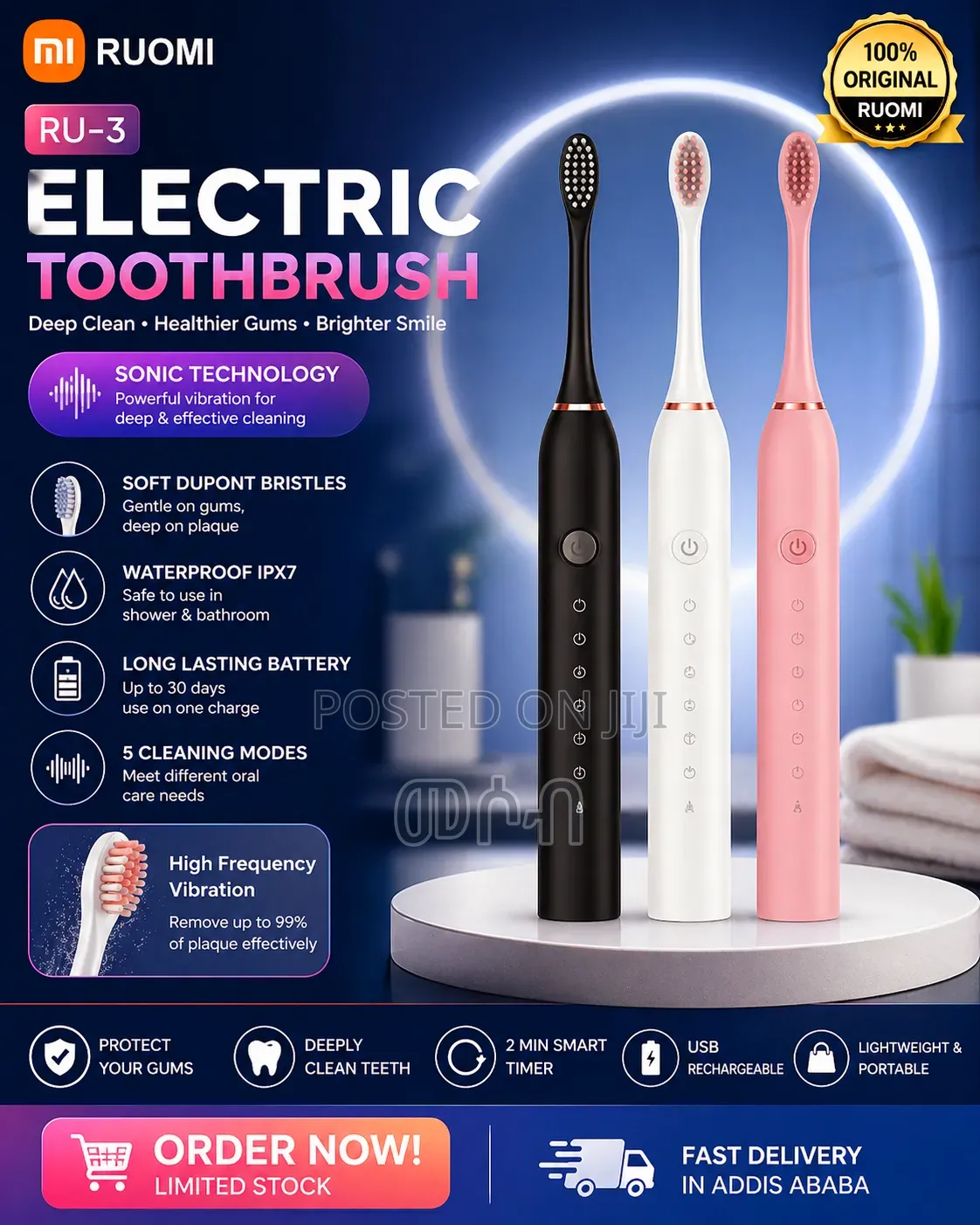 Electric Toothbrush Ru-3 (Rechargeable, Waterproof, Long Battery)