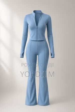 Trendy Women’S Two-Piece Fitted Set – Zip-Up Flared Pants