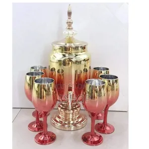 Regency Style Golden Amber Glass Fountain And 6 Goblets
