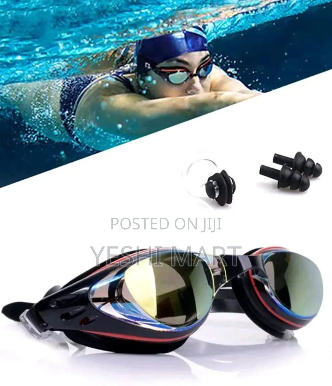 Anti-Fog Swimming Goggles, Earplugs, and Nose Clip Set, Beach Essentia