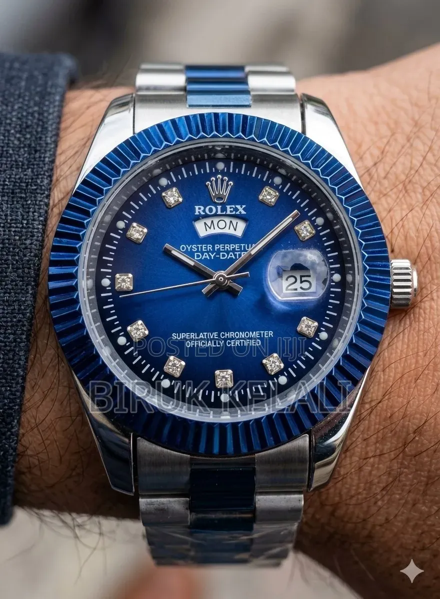 Rolex Day-Date Wristwatch With a Blue Dial and Diamond Hour Markers.