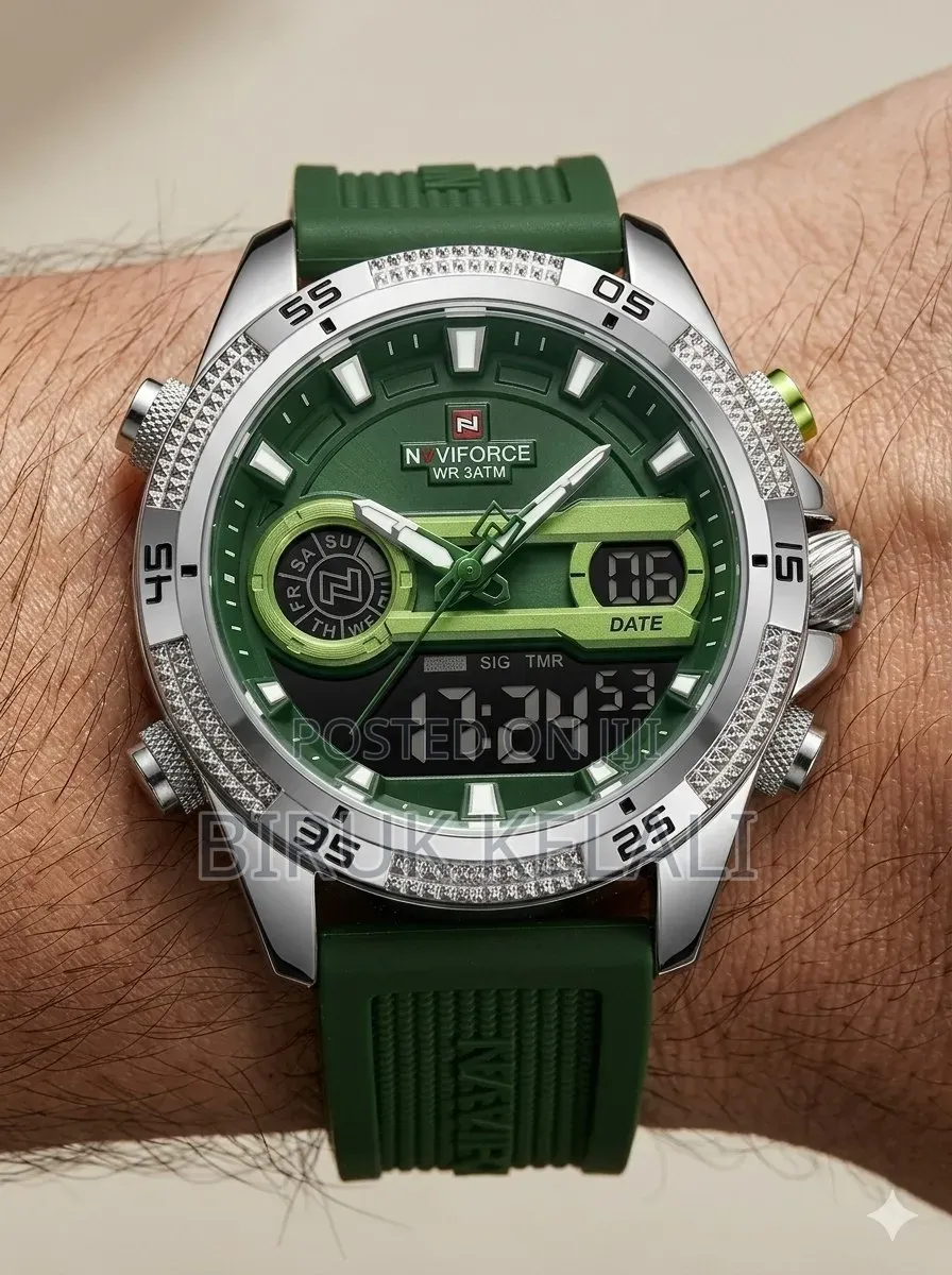 Naviforce Nf-9223 Dual Display Watch With a Green Silicone Band.