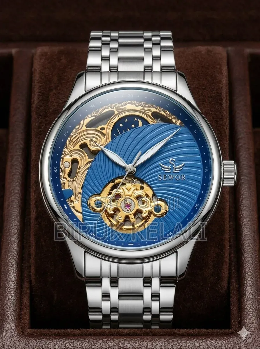 Sewor Automatic Mechanical Watch With a Blue Skeleton Dial