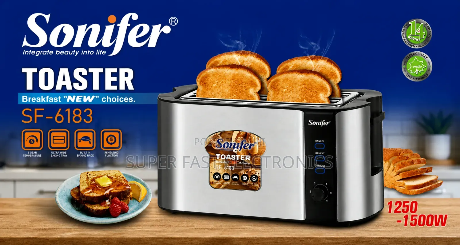 Sonifer Toaster 4-Slice Stainless Steel 1500w High Power With Built-In