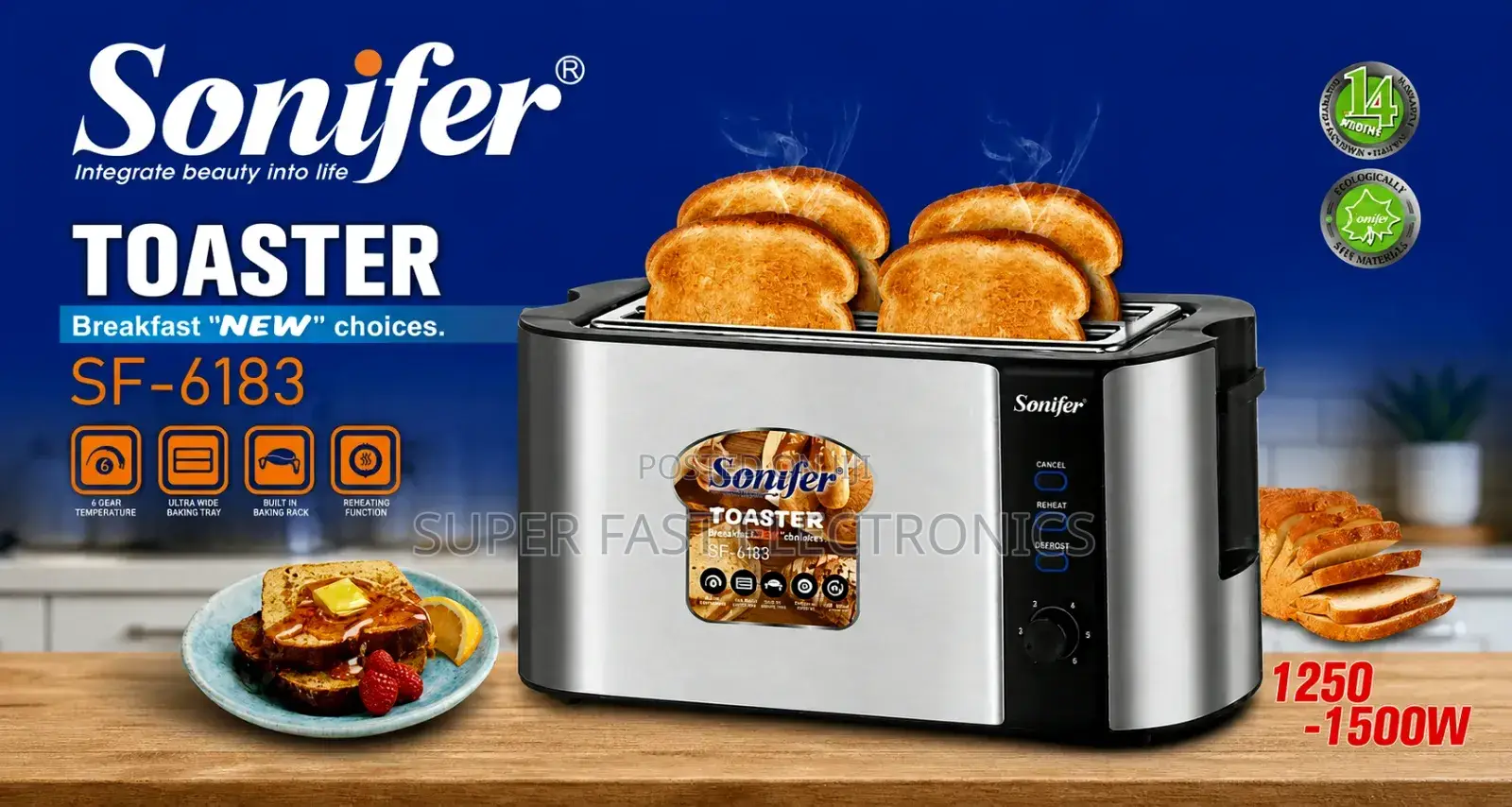 Sonifer Toaster 4-Slice Stainless Steel 1500w High Power With Built-In
