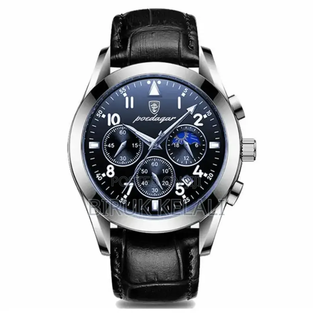 Poedagar Men's Luxury Chronograph Wristwatch With a Blue Dial Andblack