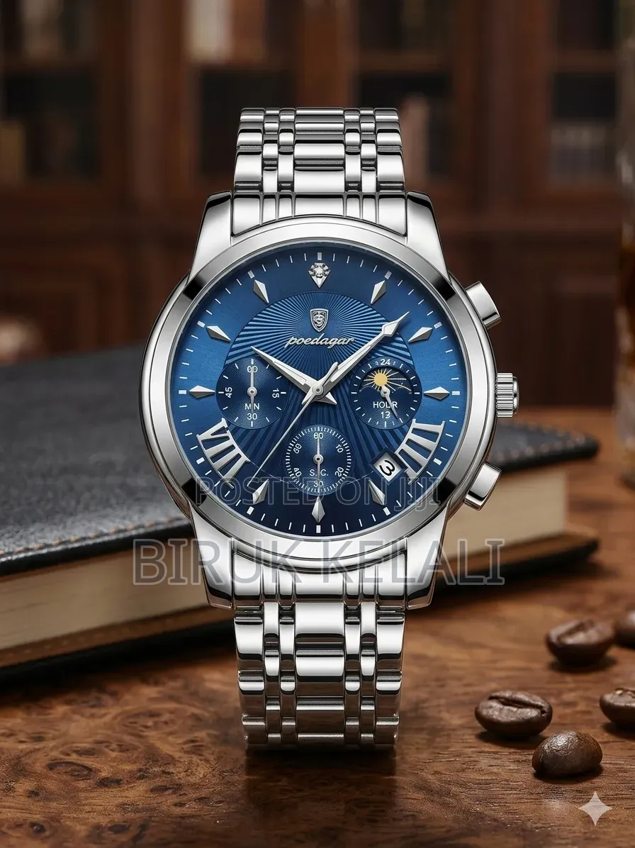Poedagar Men's Blue Dial Stainless Steel Quartz Chronograph Wristwatch