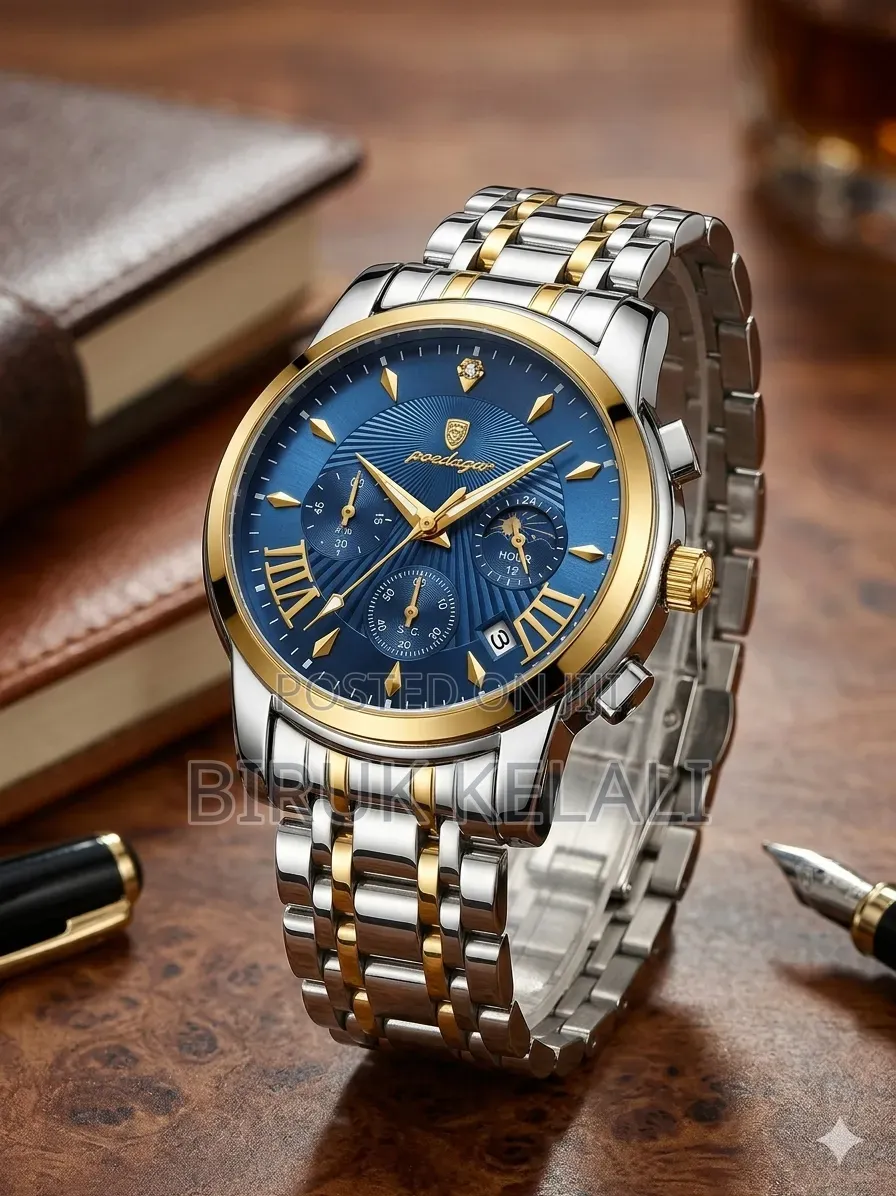 Poedagar 813 Wristwatch Featuring a Blue Dial With a Gold Bezel