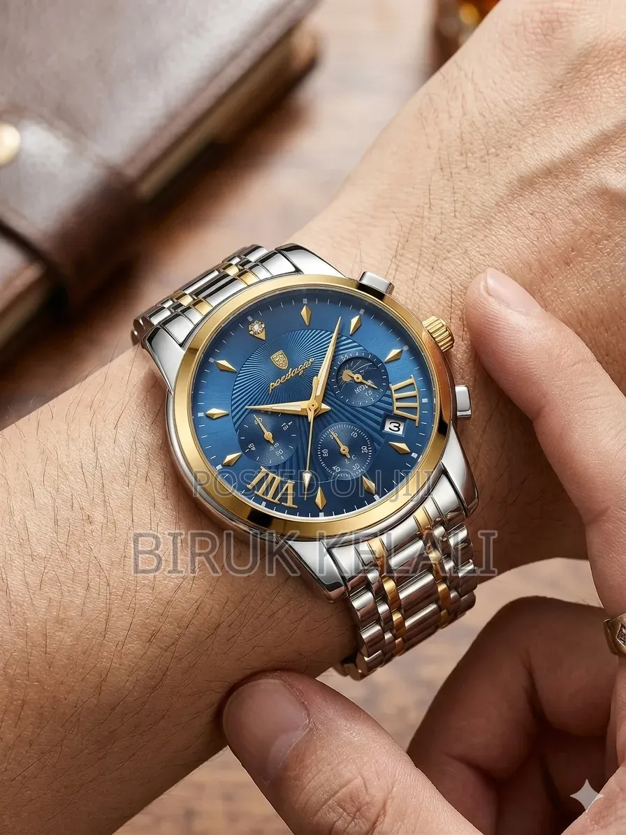 Poedagar 813 Wristwatch Featuring a Blue Dial With a Gold Bezel