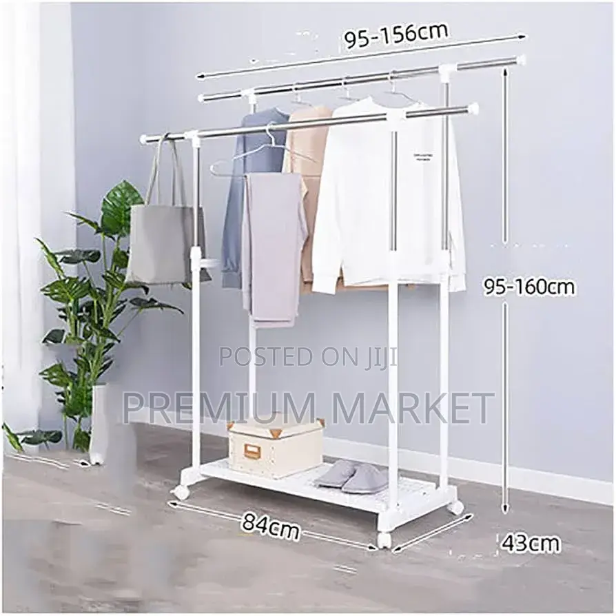Double Rod Telescopic Metal Clothes Rackየሚታጠፉ እና የሚንቀሳቀሱ የልብስ መደርደሪያዎች