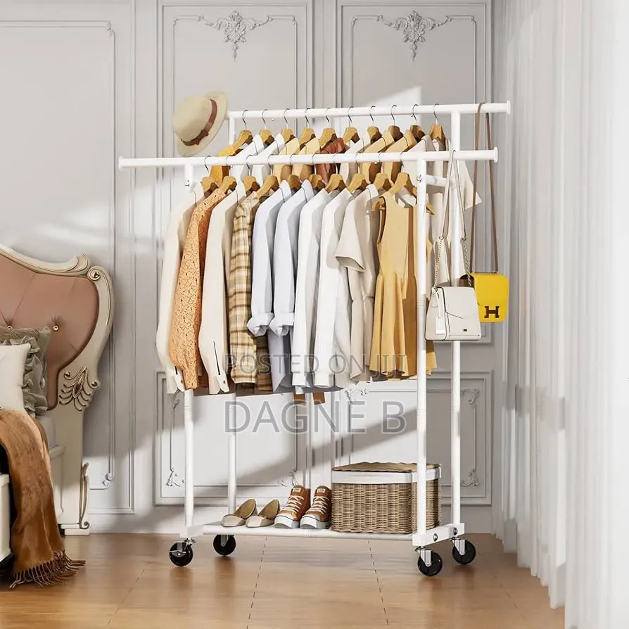 Double Rod Telescopic Metal Clothes Rackየሚታጠፉ እና የሚንቀሳቀሱ የልብስ መደርደሪያዎች