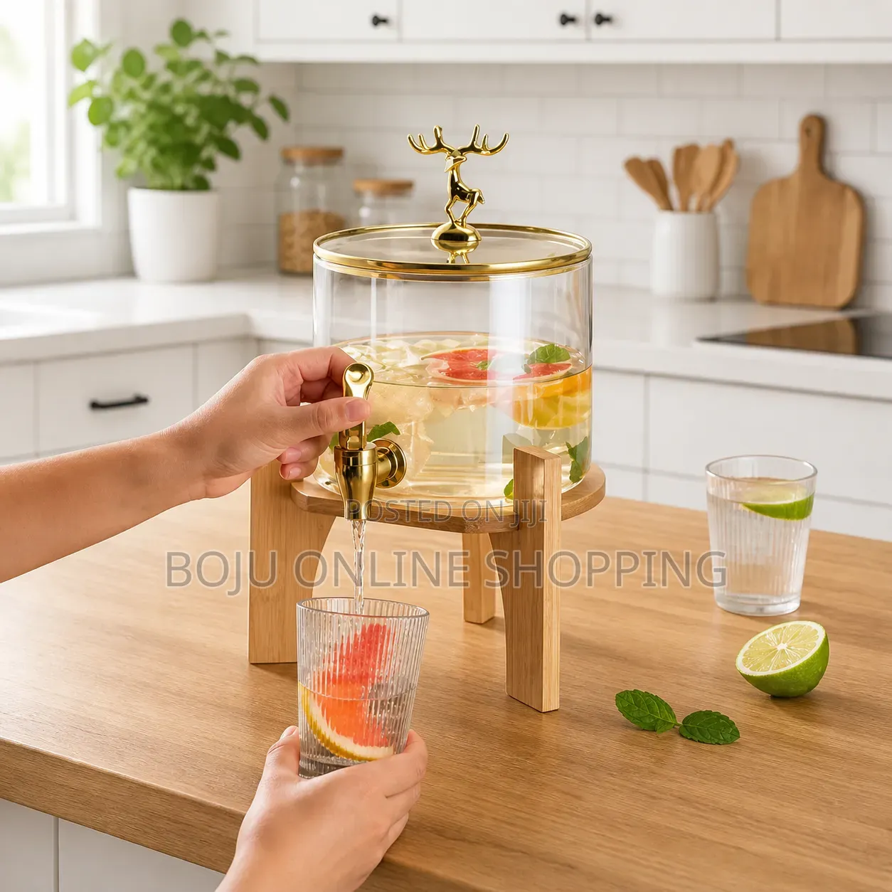 Glass Dispenser Jar With Bamboo Stand and 6 Drinking Glasses