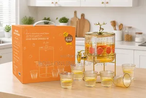 Glass Dispenser Jar With Bamboo Stand and 6 Drinking Glasses