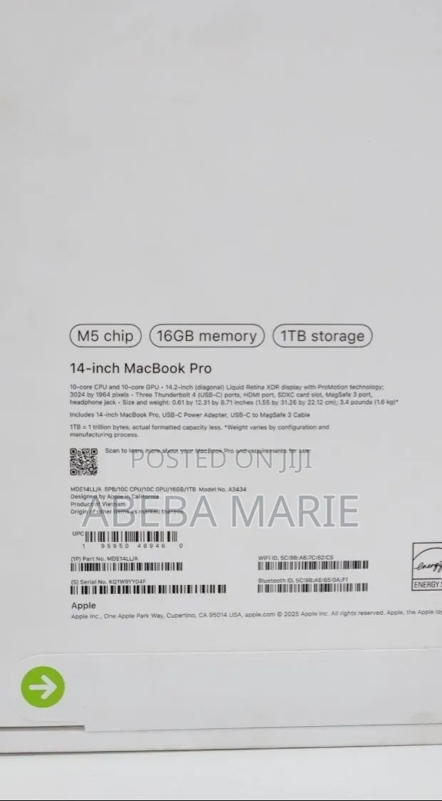 New Laptop Apple MacBook Pro 2025 M5 14-inch 16GB Apple M5 Pro SSD 1T