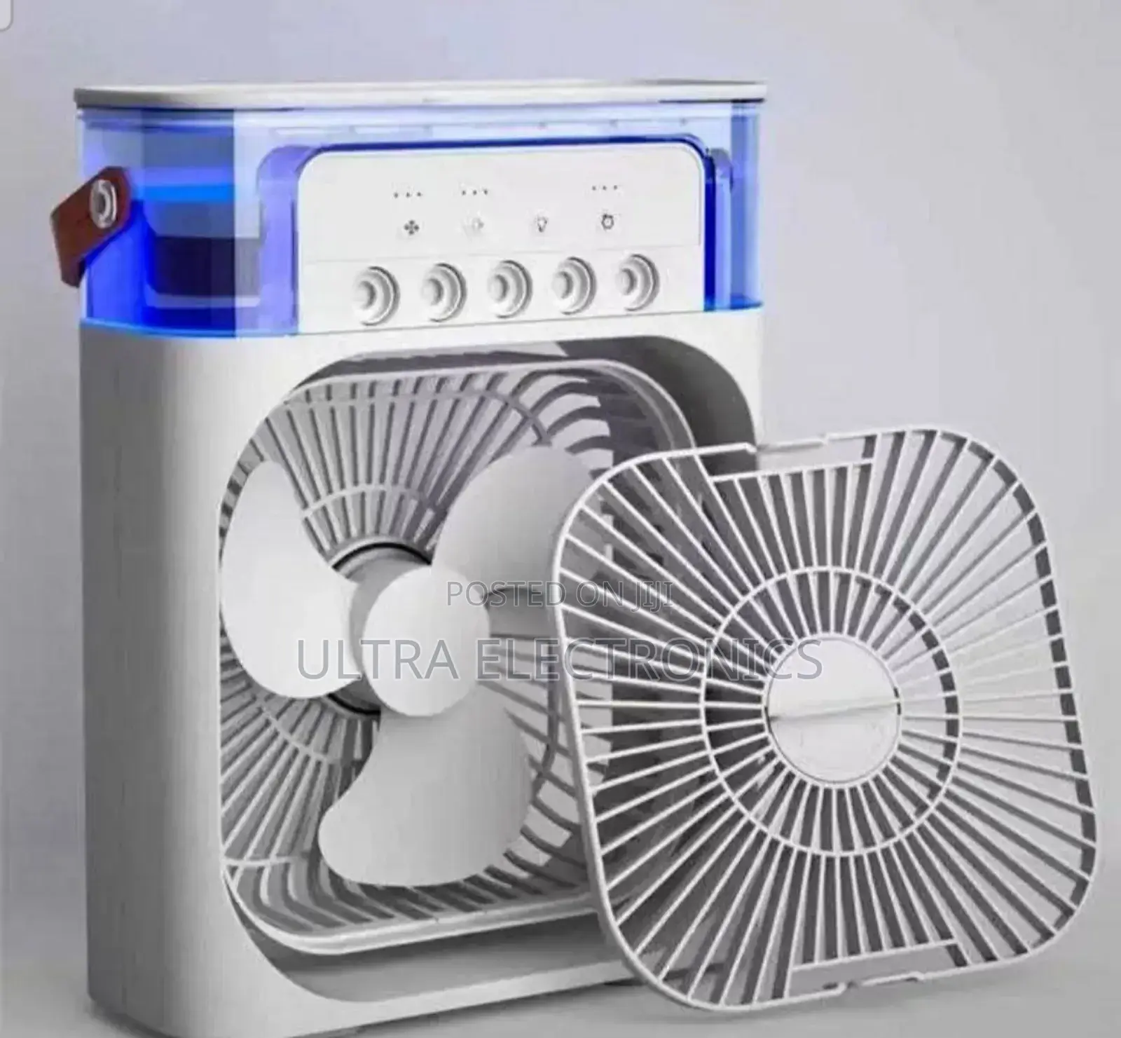 Fan, and Humidifier in White Featuring a Blue Led Water Tank.
