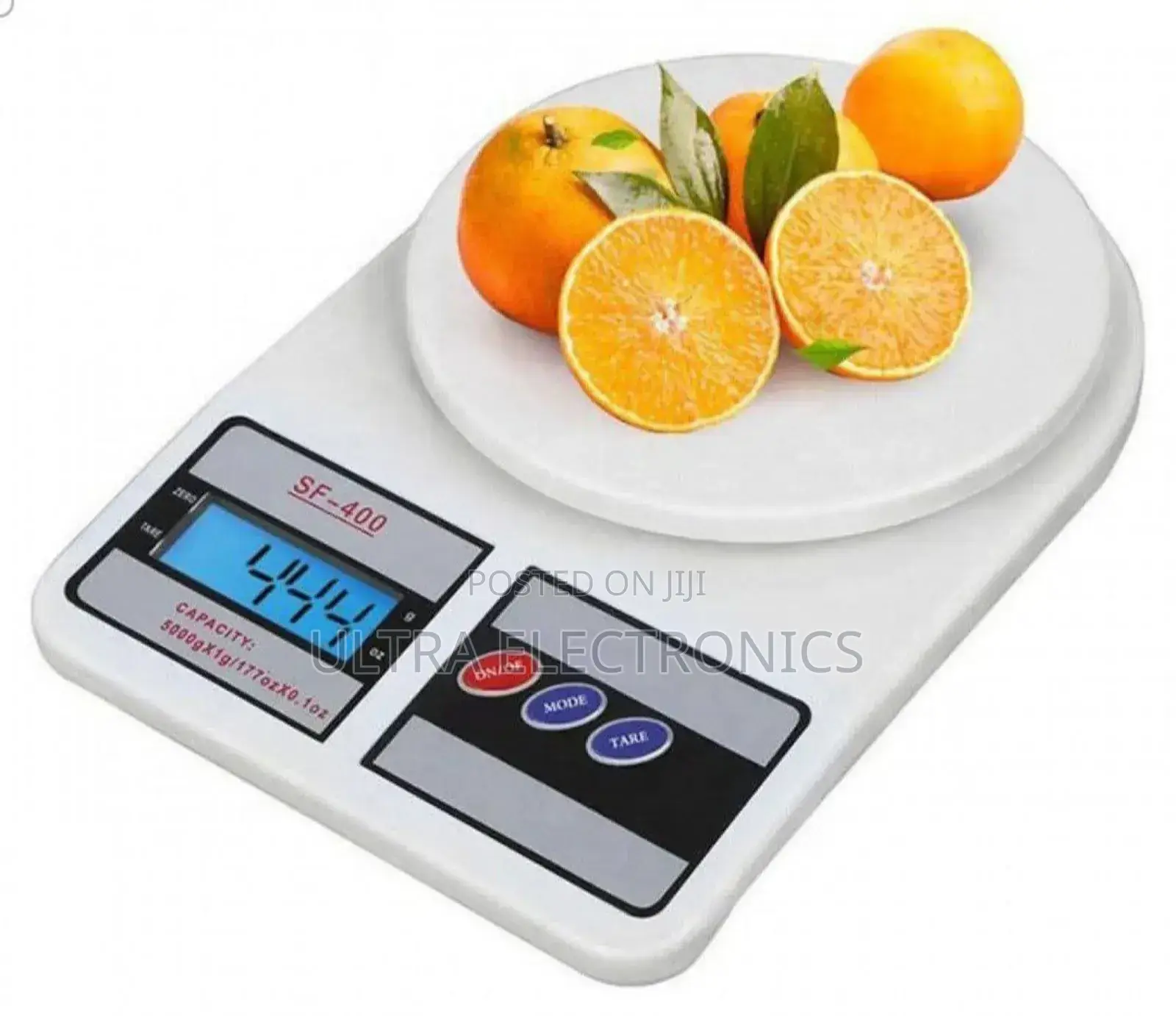 Kitchen Scale With a Digital Display and White Plastic Body.