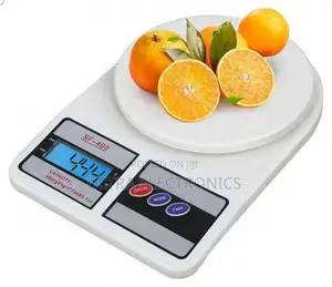 Kitchen Scale With a Digital Display and White Plastic Body.
