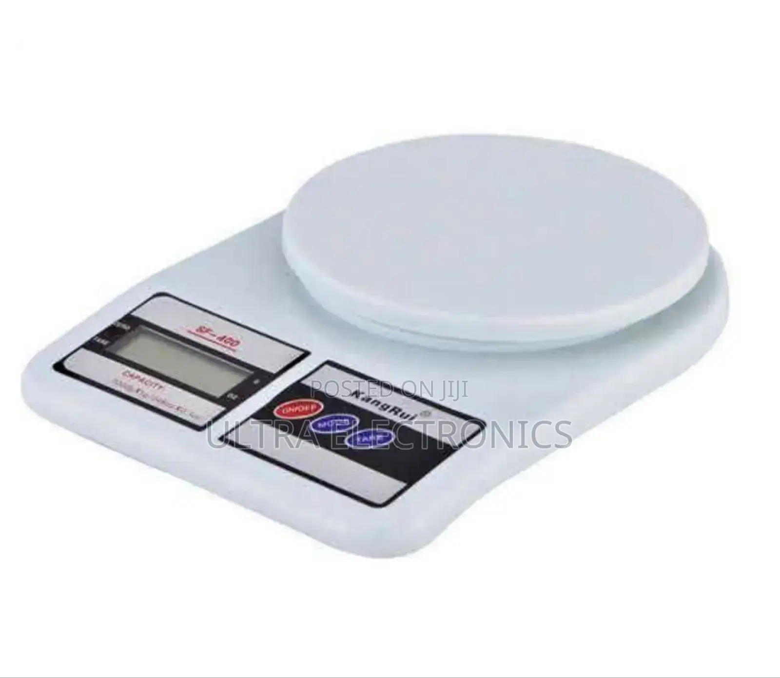 Kitchen Scale With a Digital Display and White Plastic Body.