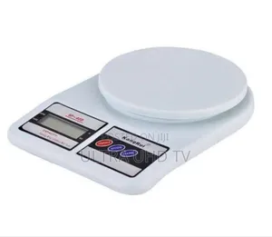 Kitchen Scale With a Digital Display and White Plastic Body.
