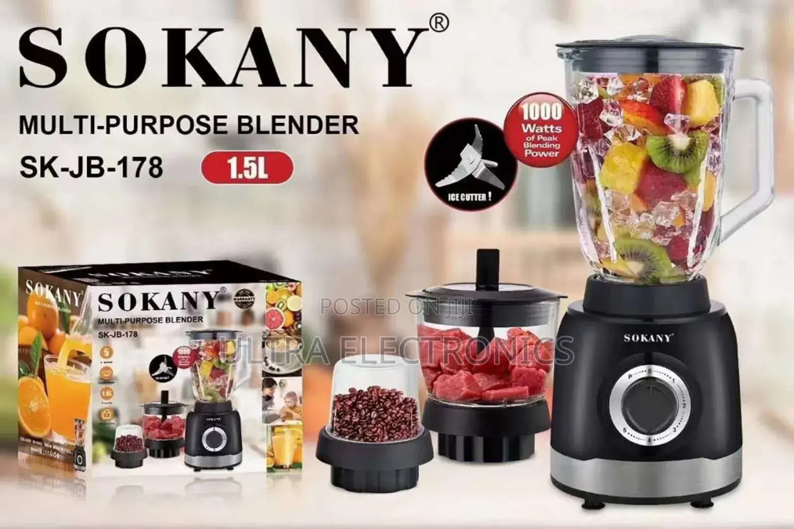 Sokany 3-in-1 Multi-Purpose Blender and Grinder1.5-Liter Glass Jar.
