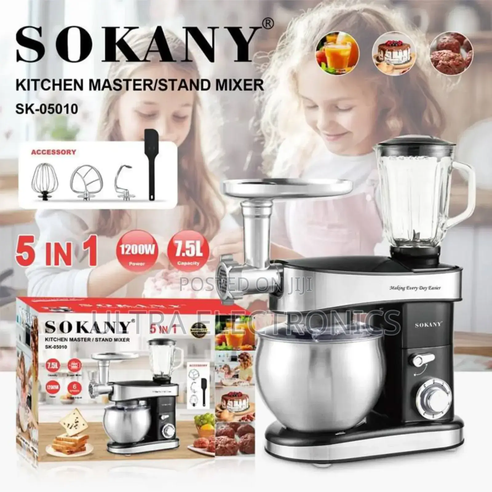 Mixer Sokany Sk-05010 5-in-1 Kitchen Stand Mixer in Black.