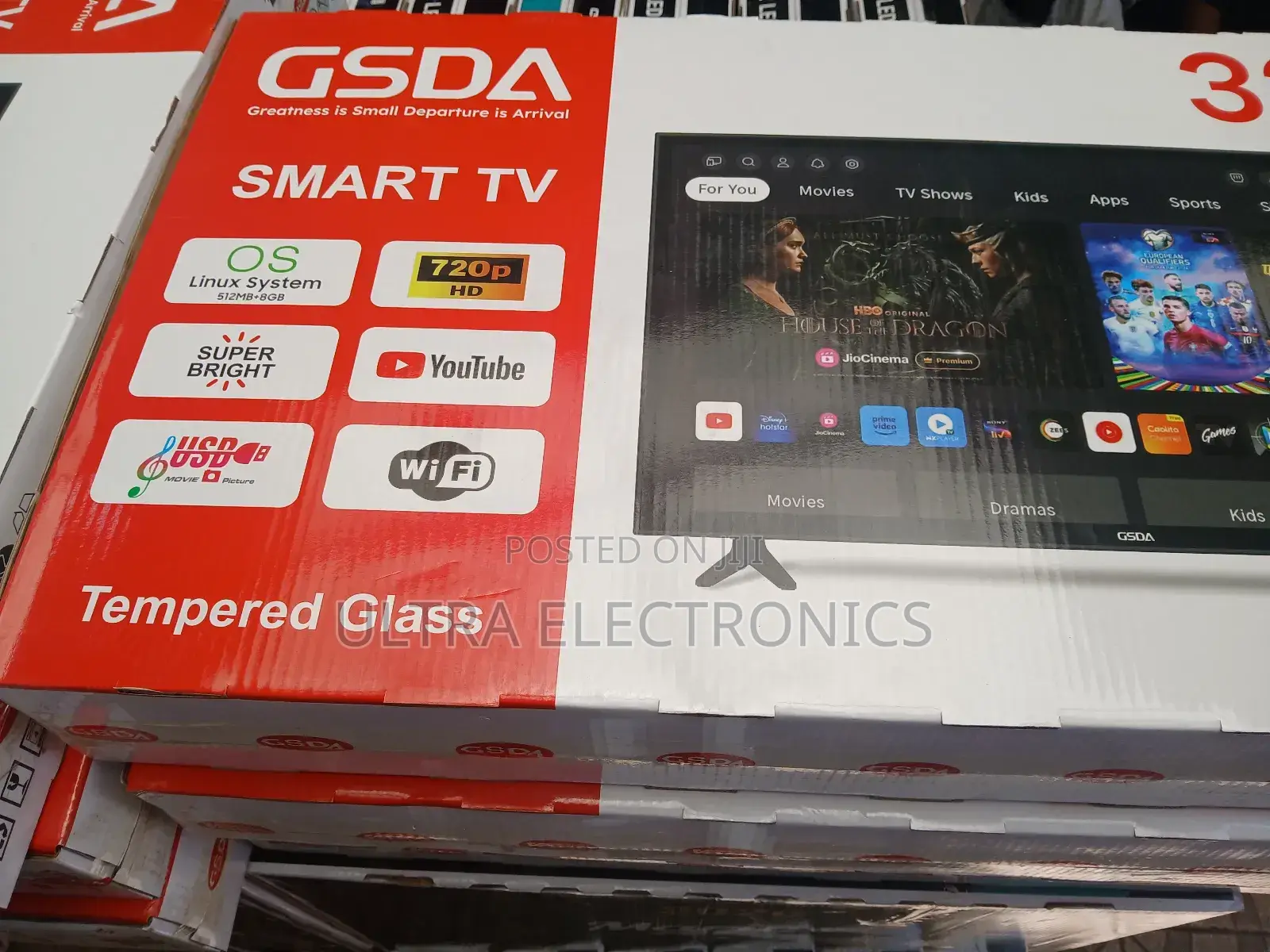 Gsda Brand Smart Television in a White and Red Box. Key Features: The
