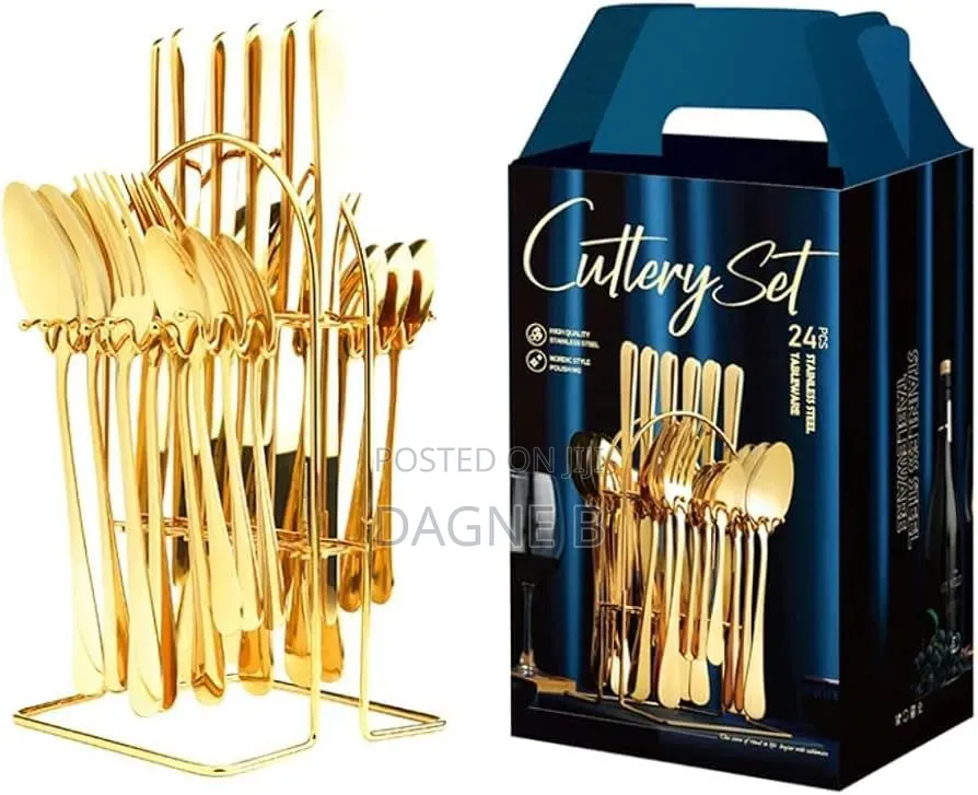 24-Piece Gold-Plated Stainless Steel Cutlery Set ሹካ ማንኪያ ሴት