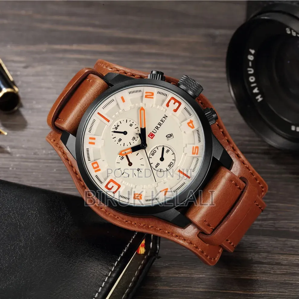 Curren 8225 Men's Wristwatch Featuring a Brown Leather Strap and White