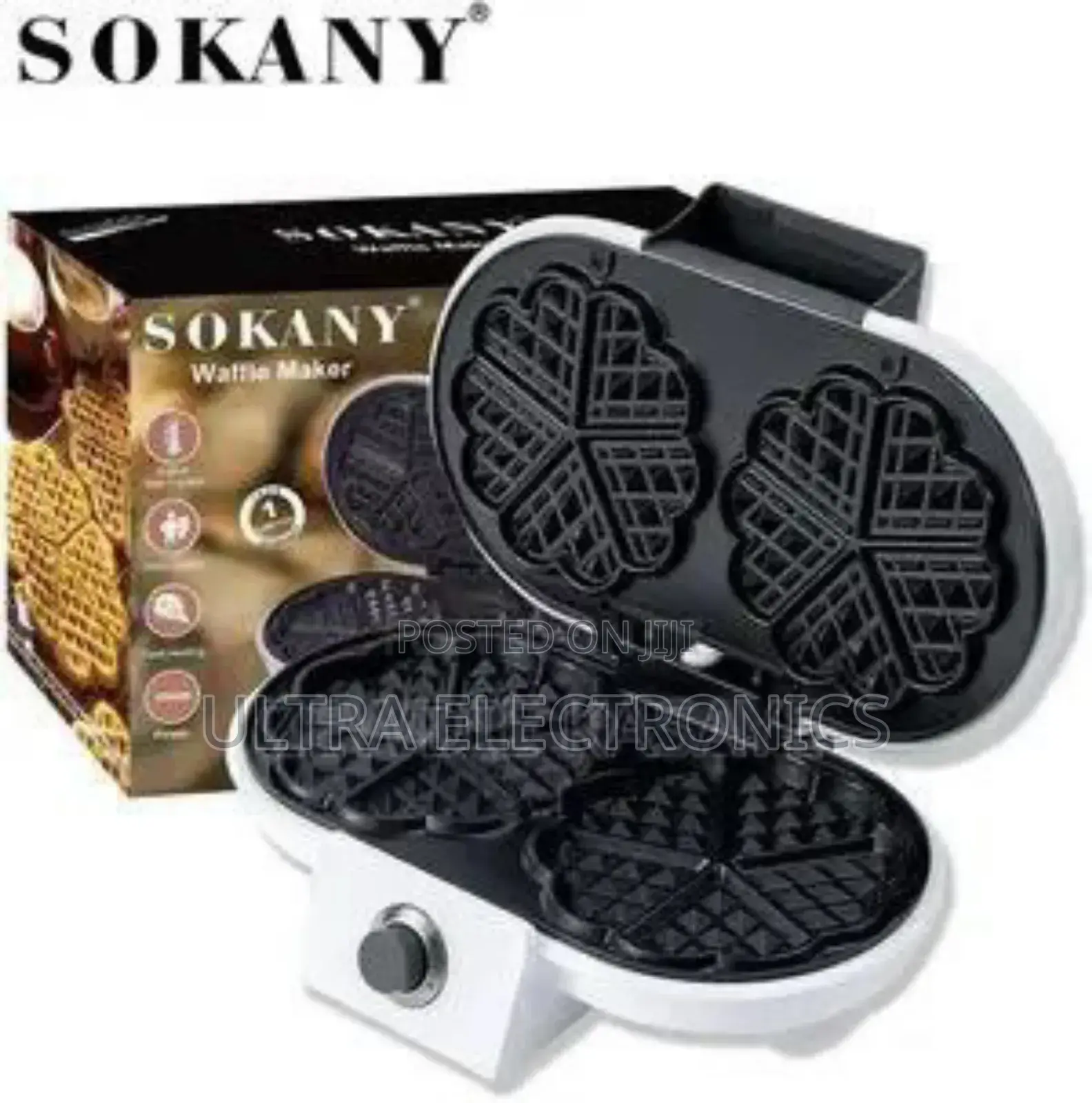 Waffle Maker White Sokany Double-Heart With Non-Stick Cooking Plates.