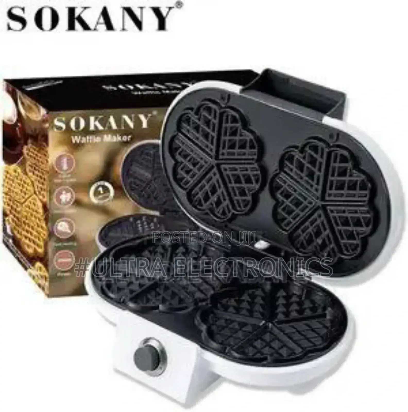Waffle Maker White Sokany Double-Heart With Non-Stick Cooking Plates.