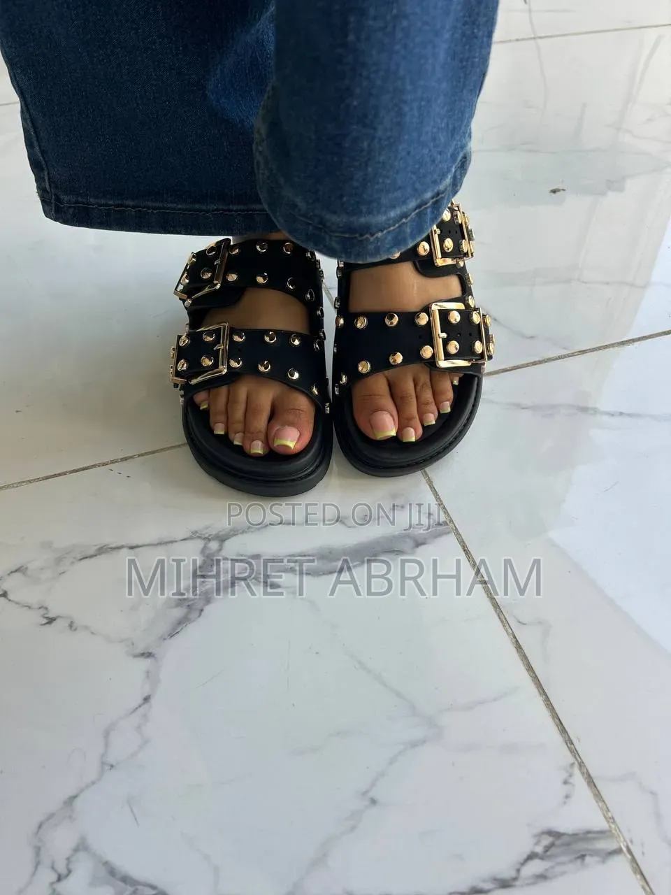 Studded Double-Buckle Slide Sandals