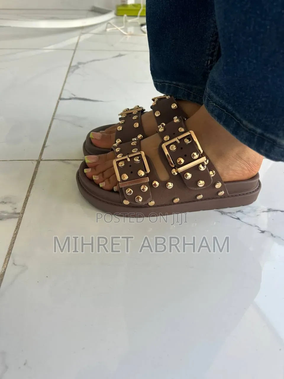 Studded Double-Buckle Slide Sandals