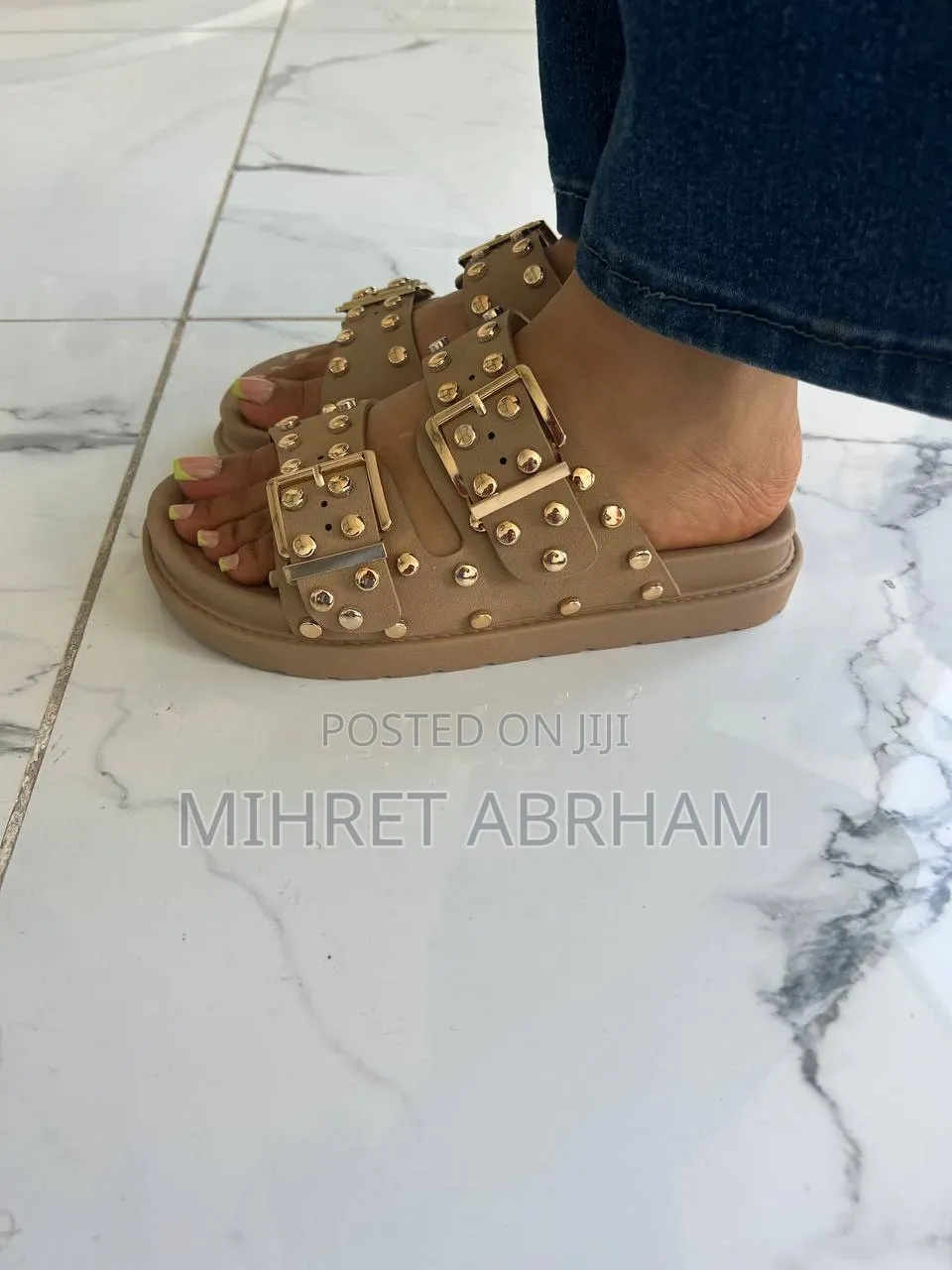 Studded Double-Buckle Slide Sandals
