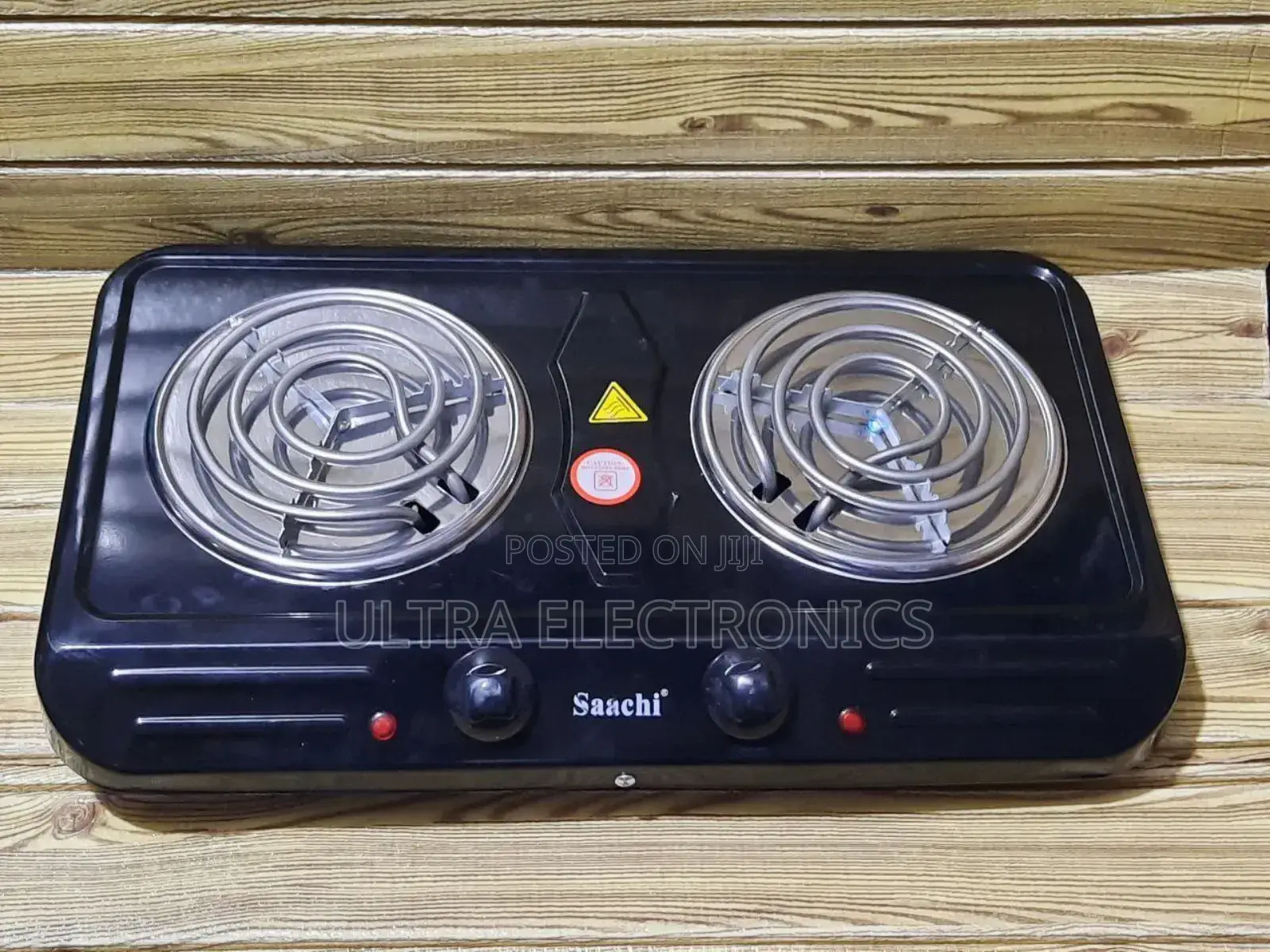Saachi Double Hot Plate Stove With a Black Finish.