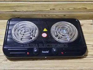 Saachi Double Hot Plate Stove With a Black Finish.